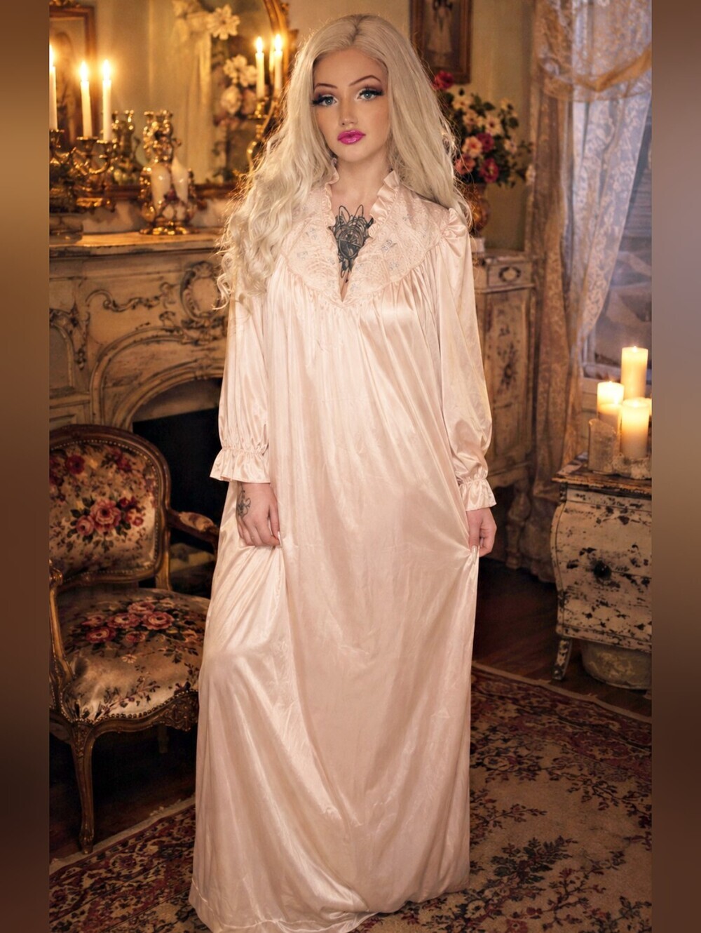 Vintage Vanity Fair Pink Nylon Tricot Embroidered Floral Long Nightgown USA M